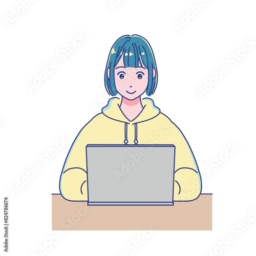 パソコンを使って勉強するアニメ調の女の子