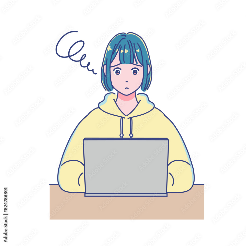 パソコンを使って勉強するアニメ調の女の子 パソコンを使って勉強するアニメ調の女の子