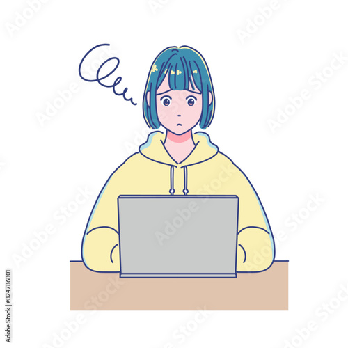 パソコンを使って勉強するアニメ調の女の子