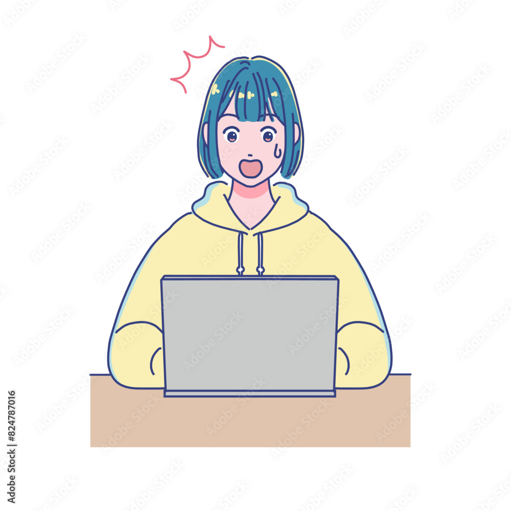 パソコンを使って勉強するアニメ調の女の子 パソコンを使って勉強するアニメ調の女の子