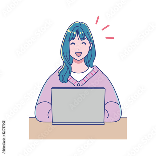 パソコンを使って勉強するアニメ調の女の子