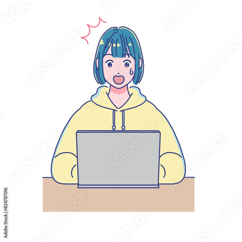 パソコンを使って勉強するアニメ調の女の子