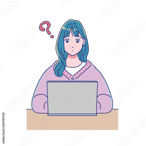 パソコンを使って勉強するアニメ調の女の子