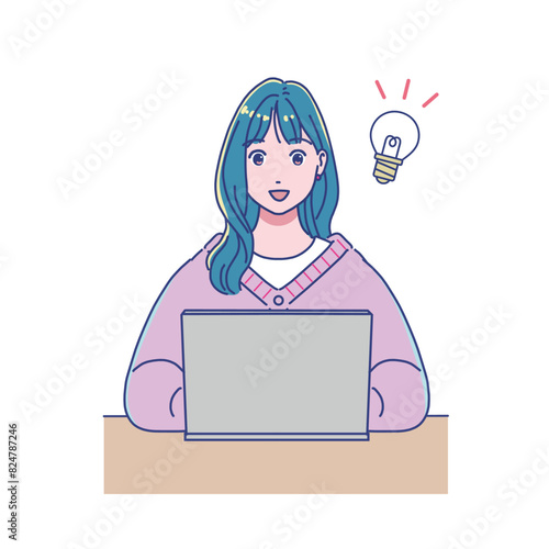パソコンを使って勉強するアニメ調の女の子