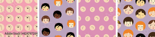 Four surface patterns bundle, comely girlish faces. Abstract colorful background design, girl visage, repeatable texture.