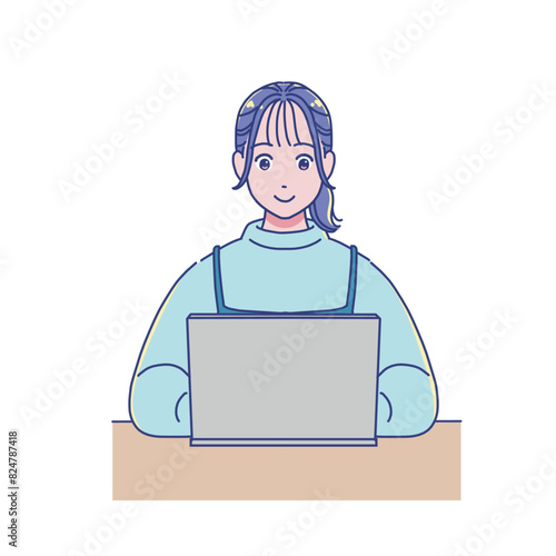 パソコンを使って勉強するアニメ調の女の子