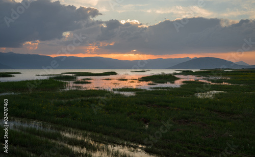 Marsh vegetation and lake view in the evening. Beysehir Lake National Park, Tolca Village, Konya, Turkey