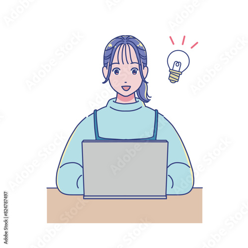 パソコンを使って勉強するアニメ調の女の子