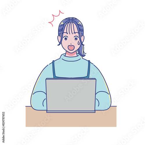 パソコンを使って勉強するアニメ調の女の子