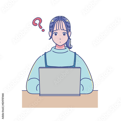 パソコンを使って勉強するアニメ調の女の子