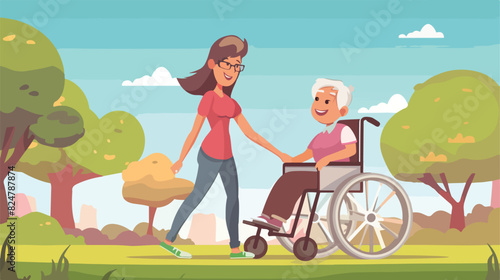 Volunteer pushing senior in wheelchair. Woman helping