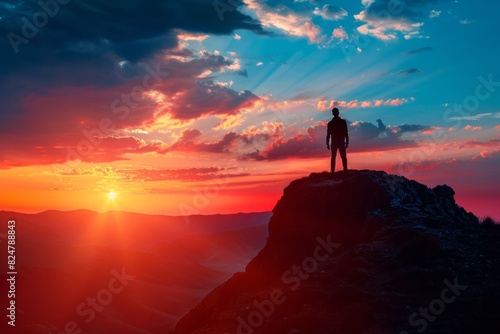 Silhouette of a man standing on the top of a mountain in the rays of sunset. Symbol of success  victory. AI generative