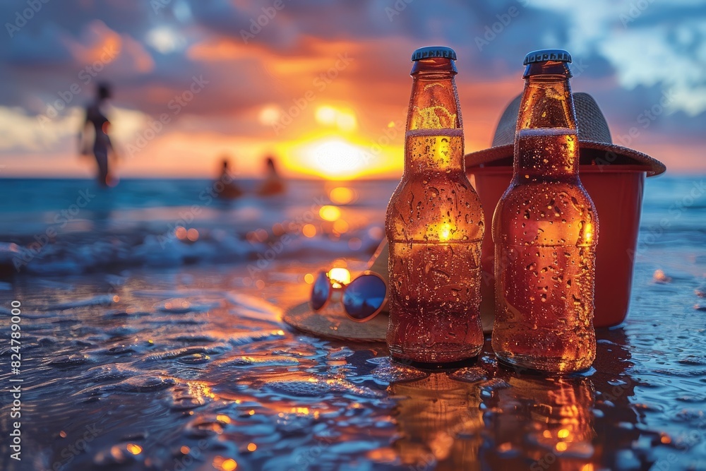 Iced beer is placed on the beach by the seaside Iced beer is placed on the beach by the seaside