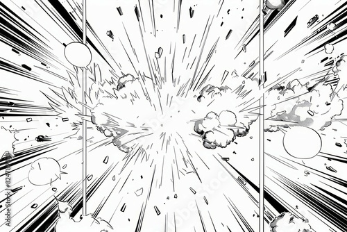 speed lines, and an explosion effect. The comic style clean and minimalistic