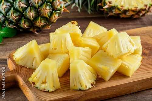 Pineapple slices close-up. Wooden cutting board. Shallow focus