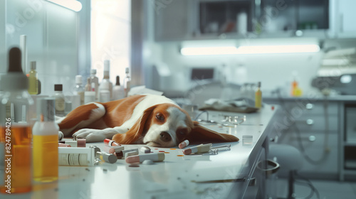 Unfortunate dying dog lies on a table in a chemical laboratory, where various bottles of cosmetics and other experimental drugs are scattered everywhere