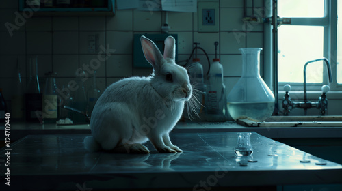 A little scared rabbit is sitting in a dark laboratory waiting for various scientific experiments to be carried out on it.