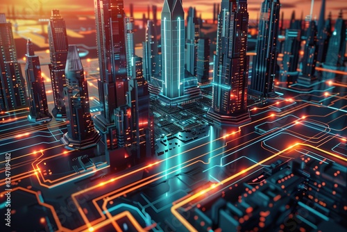Glowing high-tech cityscape rising from a sprawling glowing circuit board. Innovation concept. Tomorrow   s city. Web3  networking  artificial intelligence  machine learning  and augmented reality theme