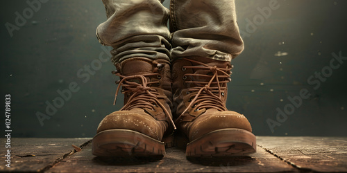 Military boots on black brown sneakers on old boards. Leather shoes. wooden table winter shoes on gray background photo