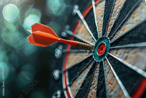 Dart in the middle of a bullseye reaching the target with good aim , success concept image