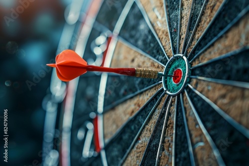 Dart in the middle of a bullseye reaching the target with good aim , success concept image