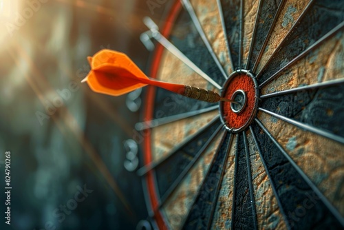 Dart in the middle of a bullseye reaching the target with good aim , success concept image