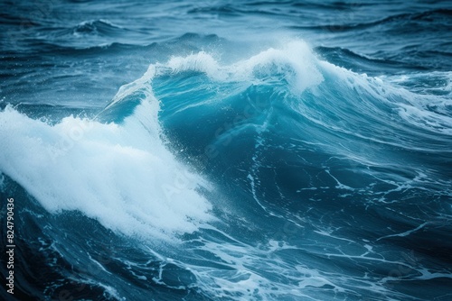 Close-up of a dynamic ocean wave with spray against a deep blue sea background