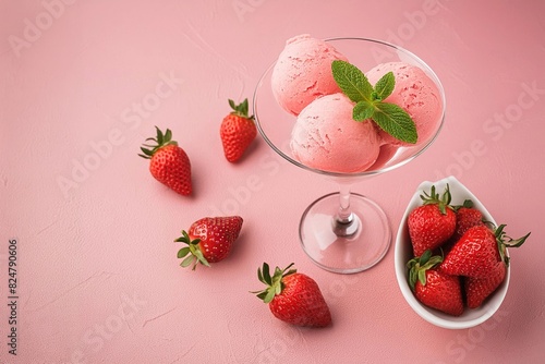 Martini glass with strawberry ice cream scoops decorated with mint leaves on a textured pink background. Fresh strawberries on the side. Top view.
