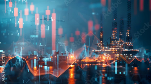Stock market concept with oil rig in the gulf and oil refinery industry background,Double exposure photo