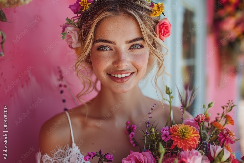 A young woman wearing a crown and holding flowers A young woman wearing a crown and holding flowers