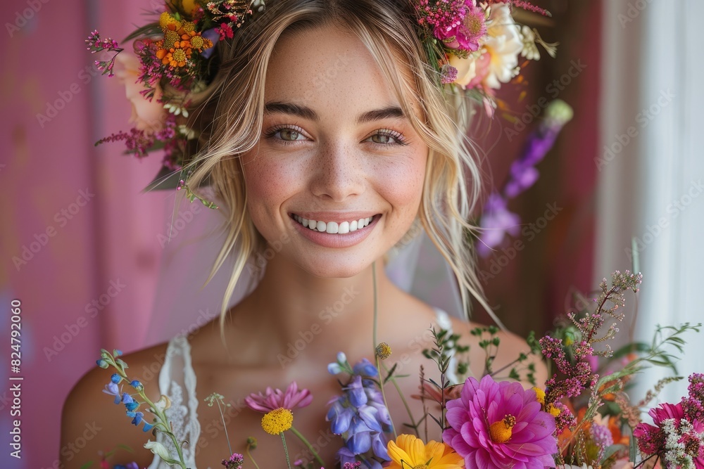 A young woman wearing a crown and holding flowers A young woman wearing a crown and holding flowers