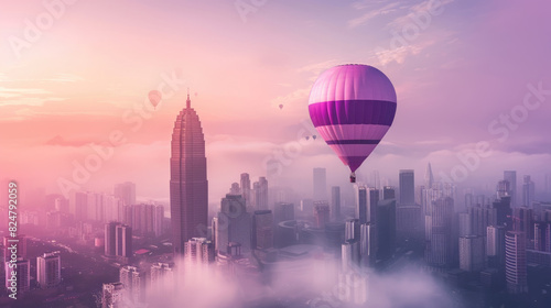 A hot air balloon glides through the sky above a bustling cityscape photo