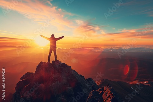 Silhouette of a happy man with outstretched arms standing on the top of a mountain in the rays of sunset. Symbol of success, victory and achievements. AI generative