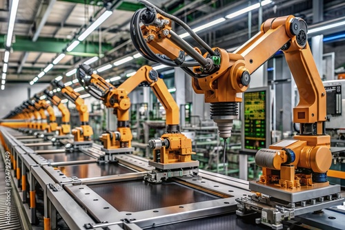 Automated production of electronic devices. Modern robotic manipulators on the assembly line of chips and printed circuit boards at a modern electronics factory. Installing components on the board. photo