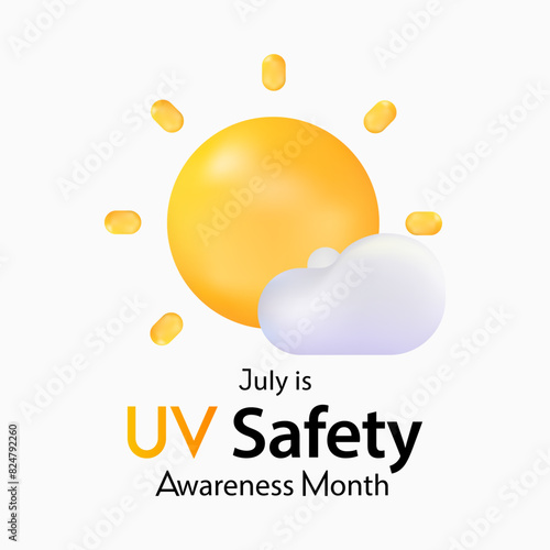 UV safety awareness month is observed every year in July, it is a type of electromagnetic radiation that makes black light posters glow, and is responsible for summer tans and sunburns. Vector art.