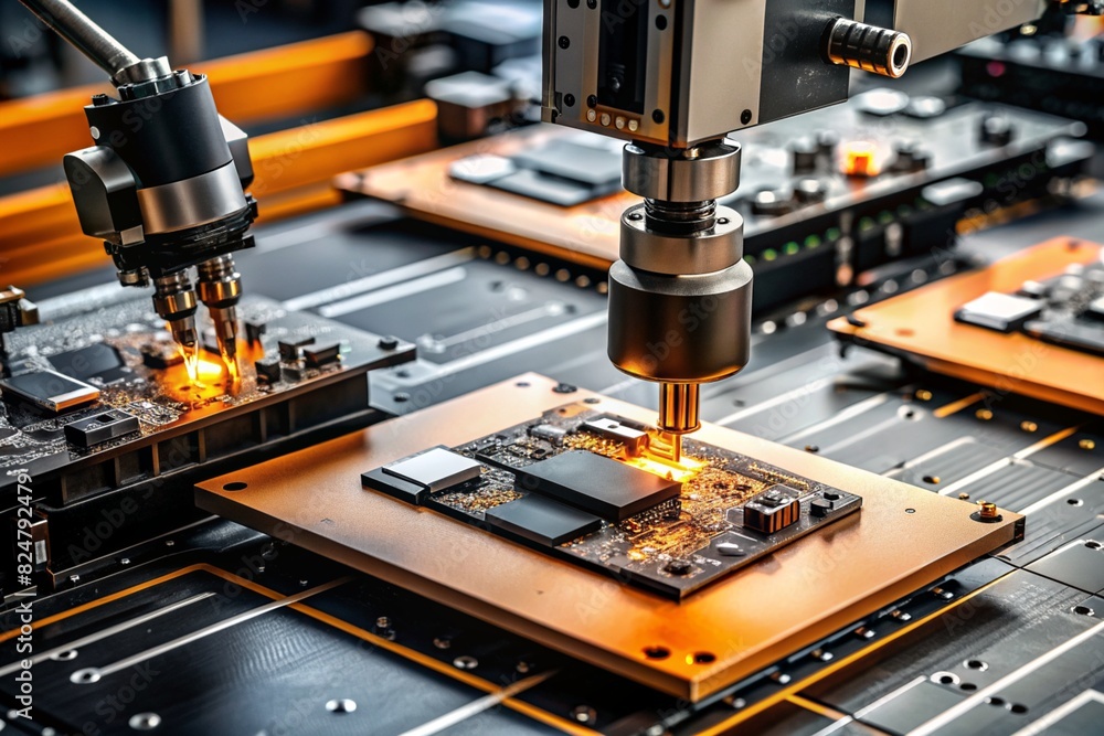 Automated production of electronic devices. Modern robotic manipulators on the assembly line of chips and printed circuit boards at a modern electronics factory. Installing components on the board. Automated production of electronic devices. Modern robotic manipulators on the assembly line of chips and printed circuit boards at a modern electronics factory. Installing components on the board.
