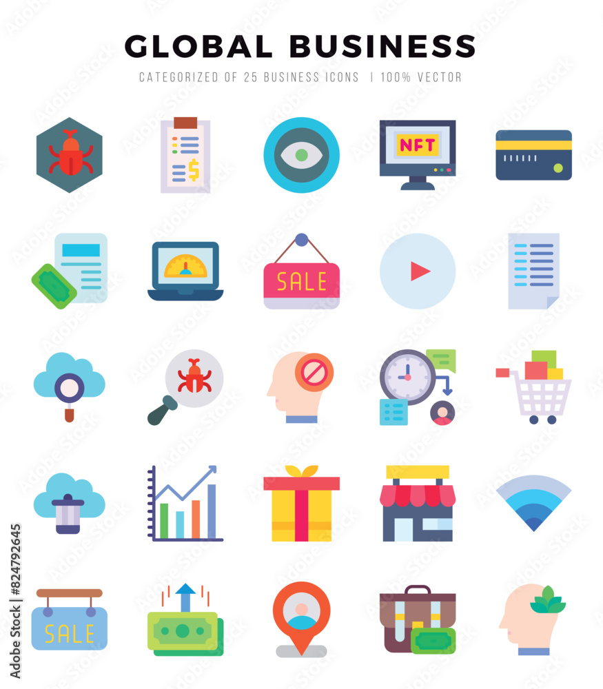 Collection of Global Business 25 Flat Icons Pack. Collection of Global Business 25 Flat Icons Pack.