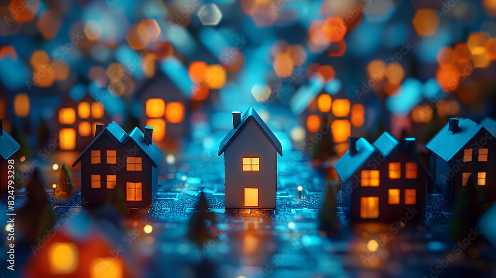 House miniatures in the night with lit windows. House miniatures in the night with lit windows.