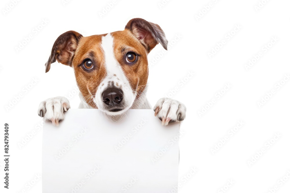 A cute dog holds a blank piece of paper, providing an empty space for text. The image is set against a solid white background, ideal for customizable designs