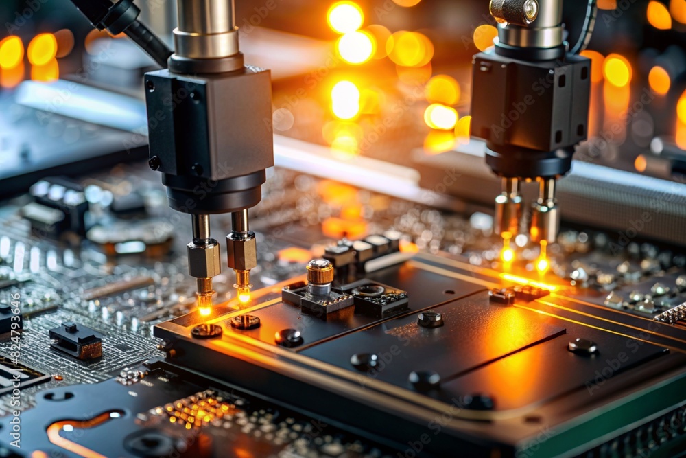 Automated production of electronic devices. Modern robotic manipulators on the assembly line of chips and printed circuit boards at a modern electronics factory. Installing components on the board. Automated production of electronic devices. Modern robotic manipulators on the assembly line of chips and printed circuit boards at a modern electronics factory. Installing components on the board.