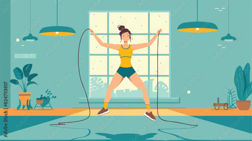 Woman jumping with skipping rope at home. Home workouy
