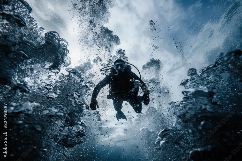 a scuba diver underwater, surrounded by the mesmerizing beauty of the ocean depths, showcasing the wonder and adventure of underwater exploration a scuba diver underwater, surrounded by the mesmerizing beauty of the ocean depths, showcasing the wonder and adventure of underwater exploration