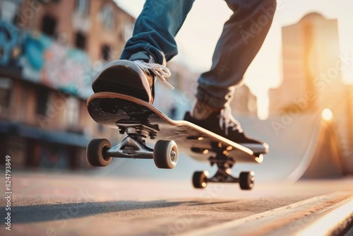A skateboarder in action, defying gravity and mastering tricks with skill and style, showcasing the exhilarating freedom and athleticism of the sport photo