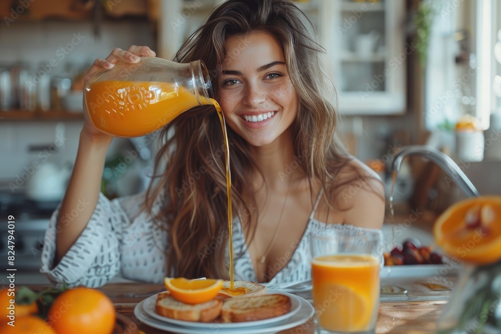 Young women pour orange juice Young women pour orange juice