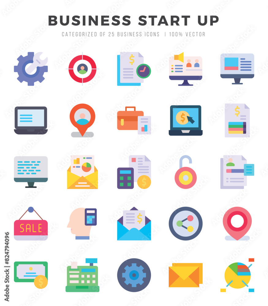 Collection of Business Start Up 25 Flat Icons Pack.