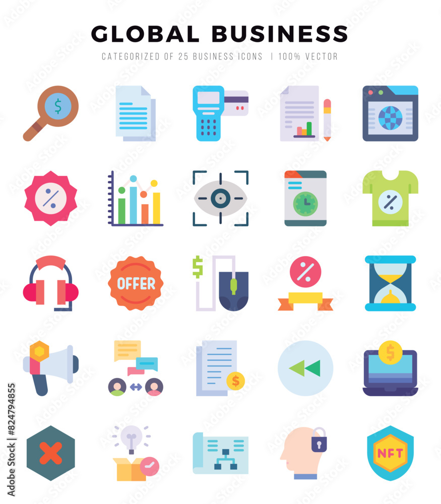Global Business Icons Pack. Flat icons set. Flat icon collection set. Simple vector icons.