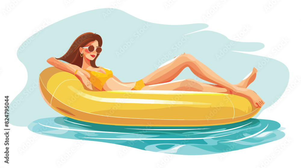 Woman resting on inflatable bed. Summer swimming char