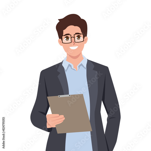 Young businessman holding clipboard and smiling. Flat vector illustration isolated on white background