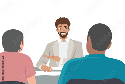 Young light skin man professional gives advice on inheritance to elderly couples. Flat vector illustration isolated on white background