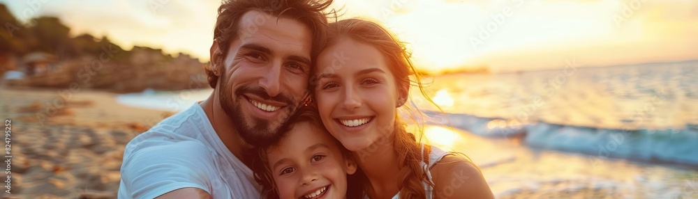 Happy family embracing on a beautiful beach at sunset, enjoying their vacation together with the ocean waves in the background. Happy family embracing on a beautiful beach at sunset, enjoying their vacation together with the ocean waves in the background.